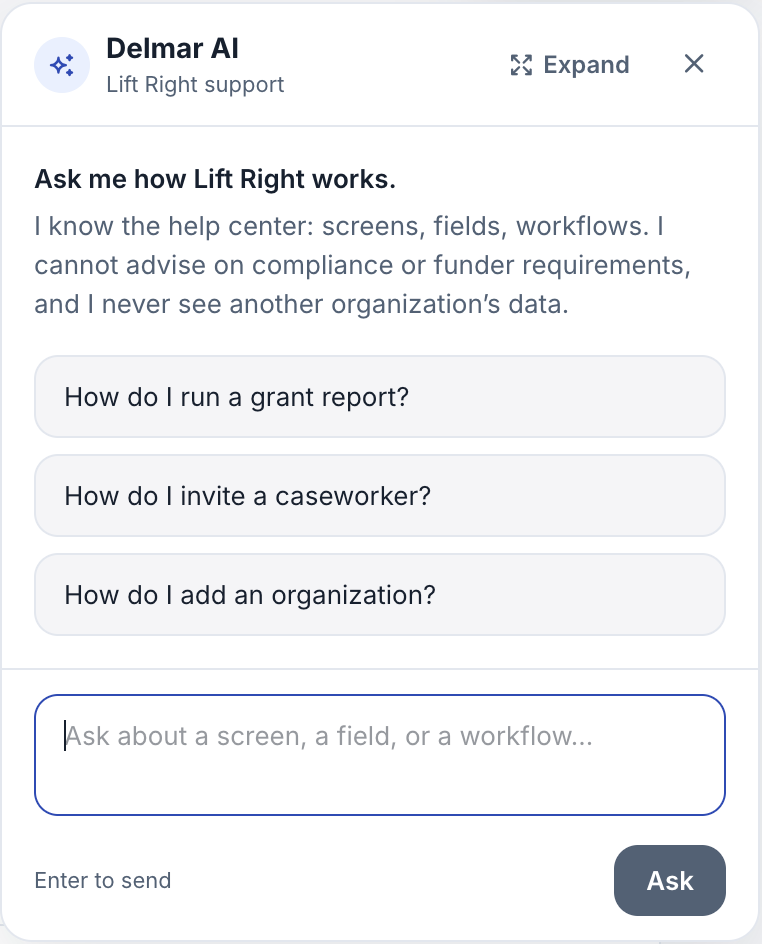 Delmar AI support with suggested questions about grant reports, inviting caseworkers, and adding an organization.