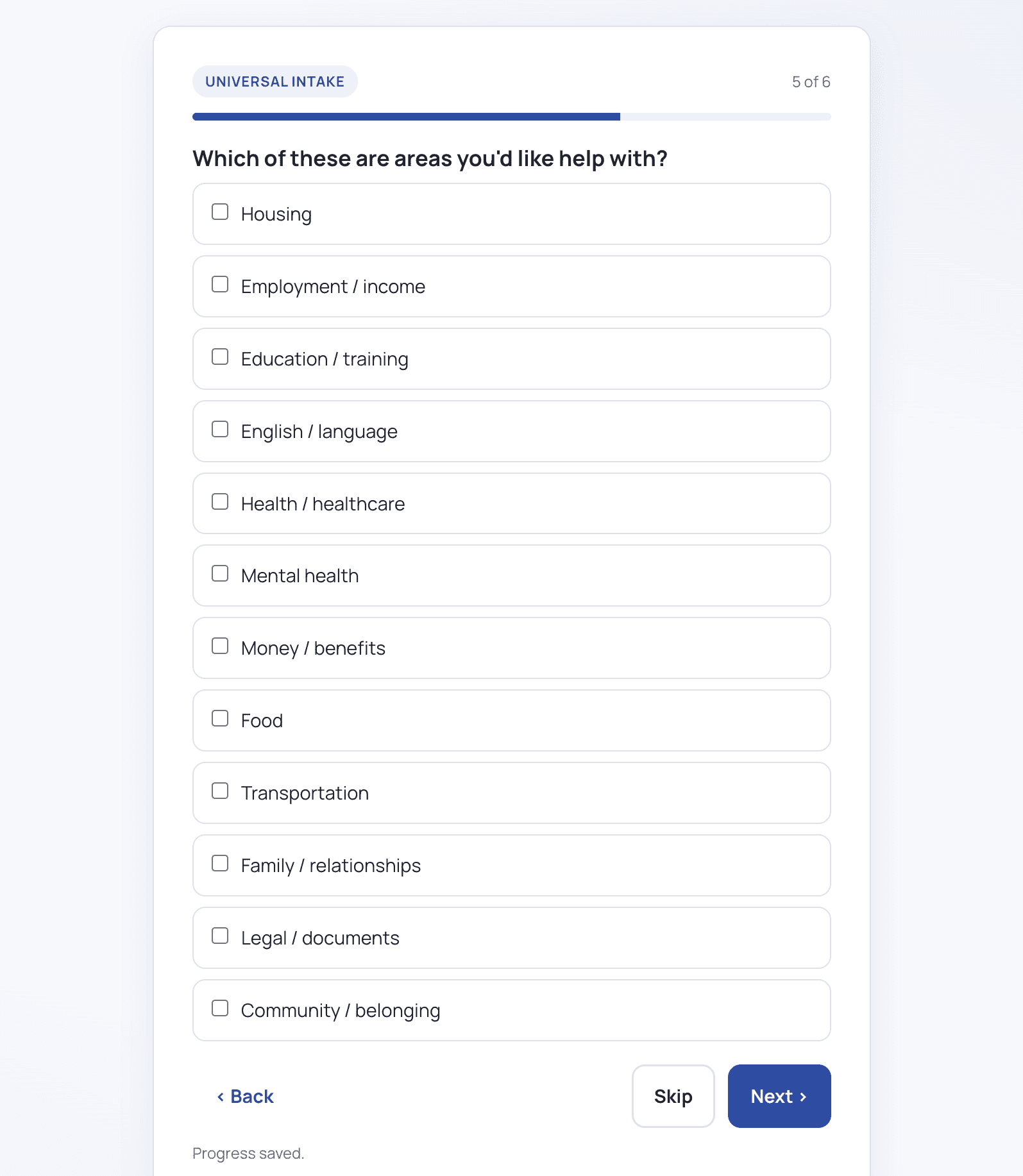 A self-serve intake question about a participant’s housing situation, with a twelve-domain progress indicator.