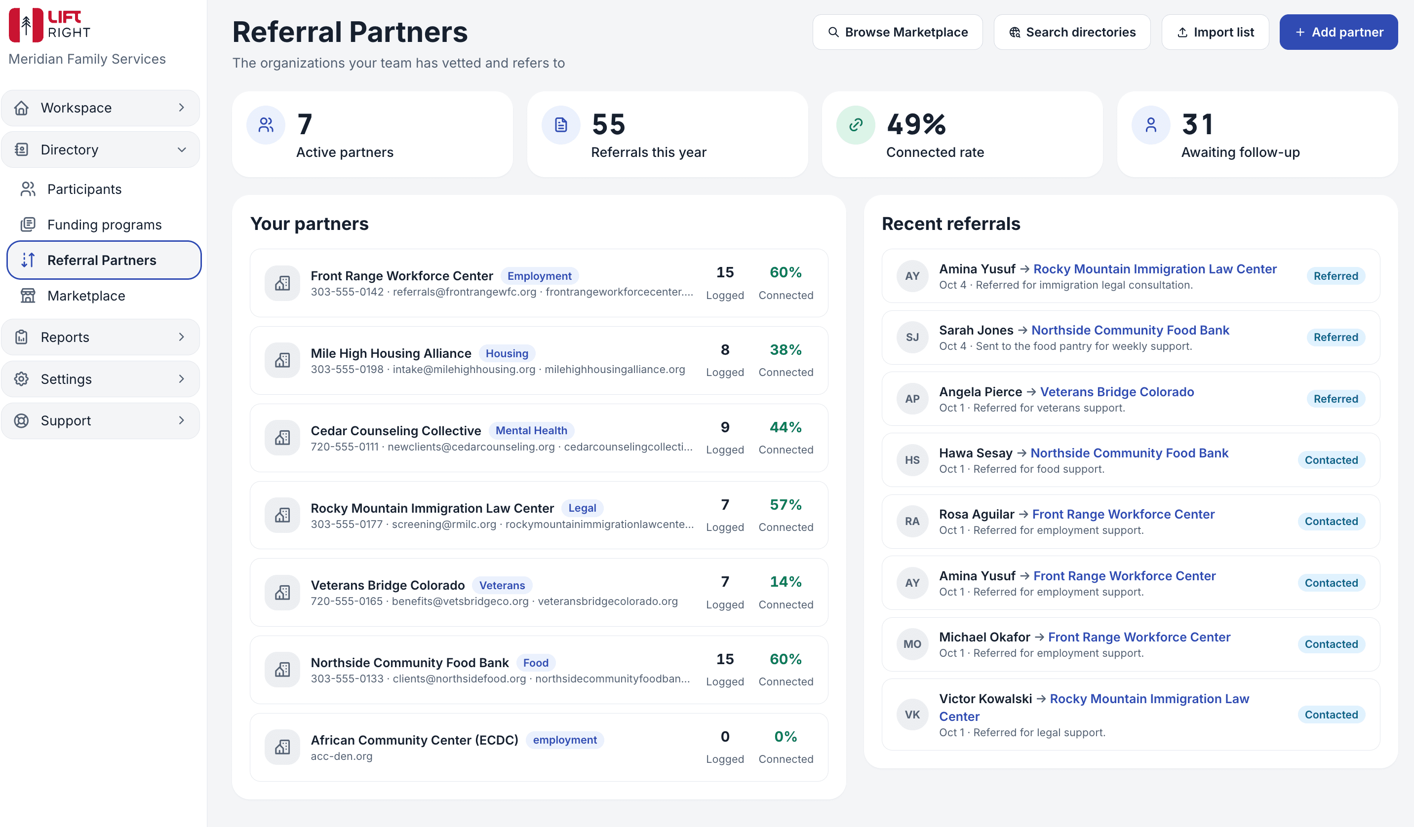 Lift Right referral partner directory showing referral activity, connection status, and partner relationships.
