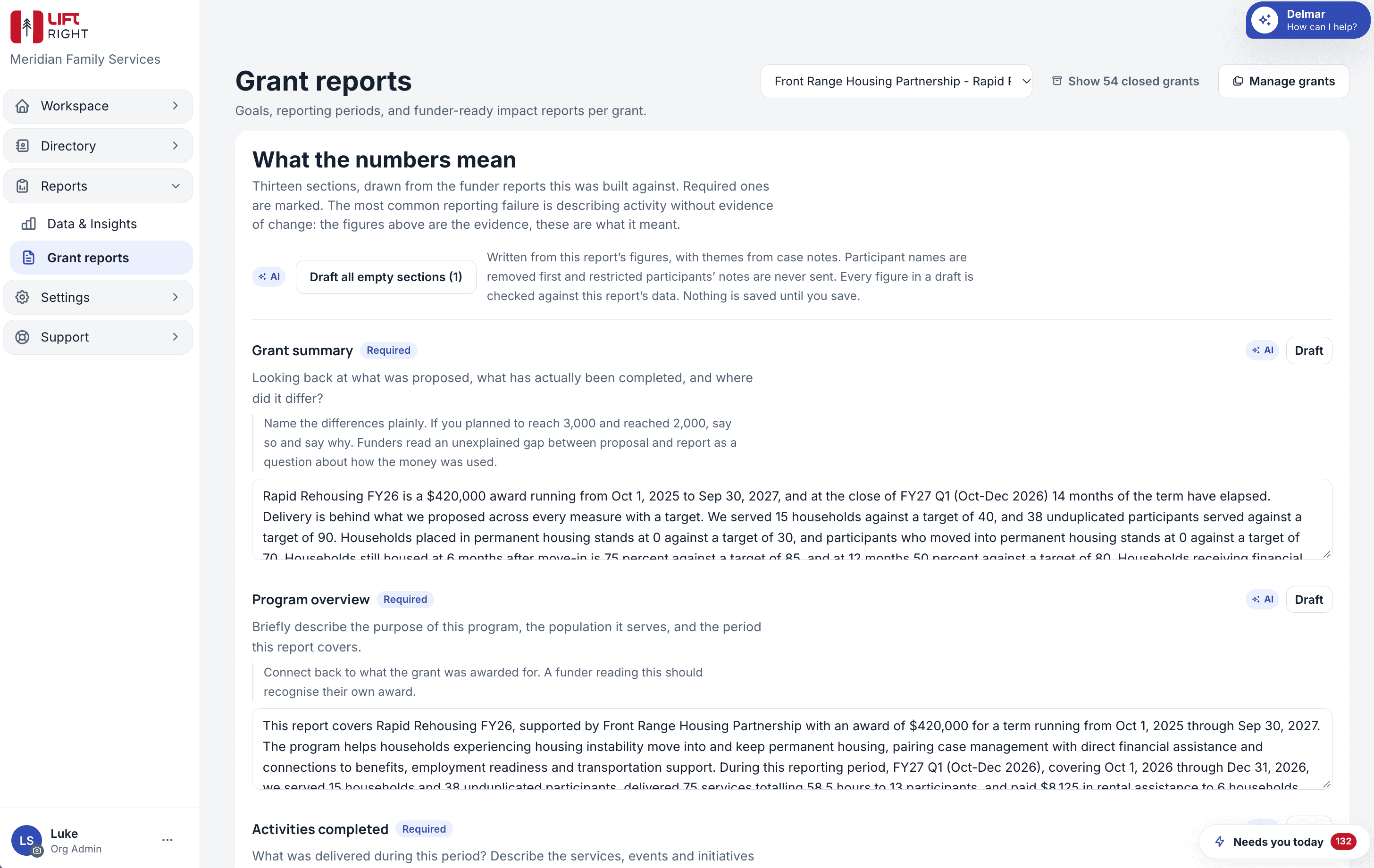 A funder report showing measures, targets, reporting periods, calculated figures, and explanation prompts for measures below target.